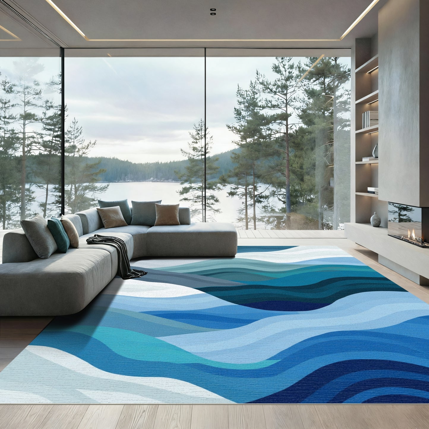 Deep Blue Ocean Wave Layers Rug