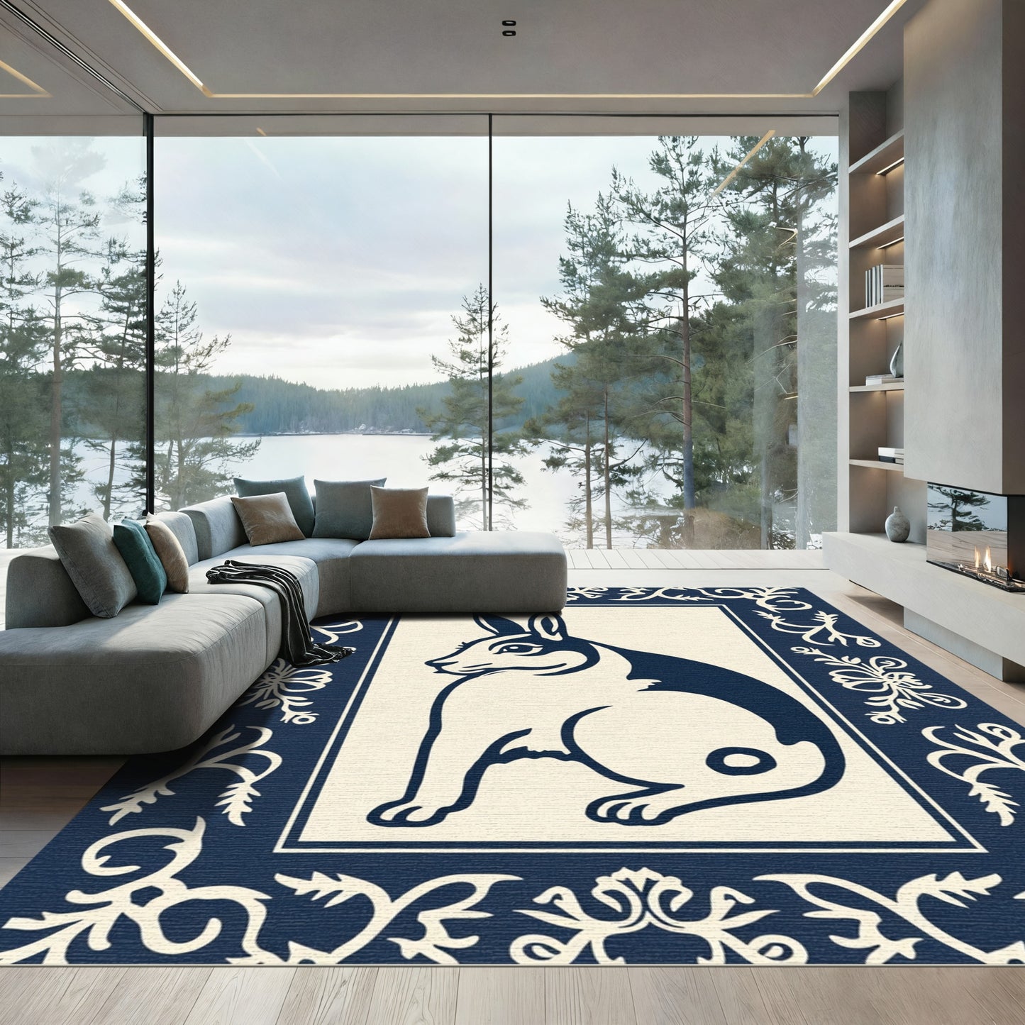 Navy Cream Folk Art Rabbit Rug
