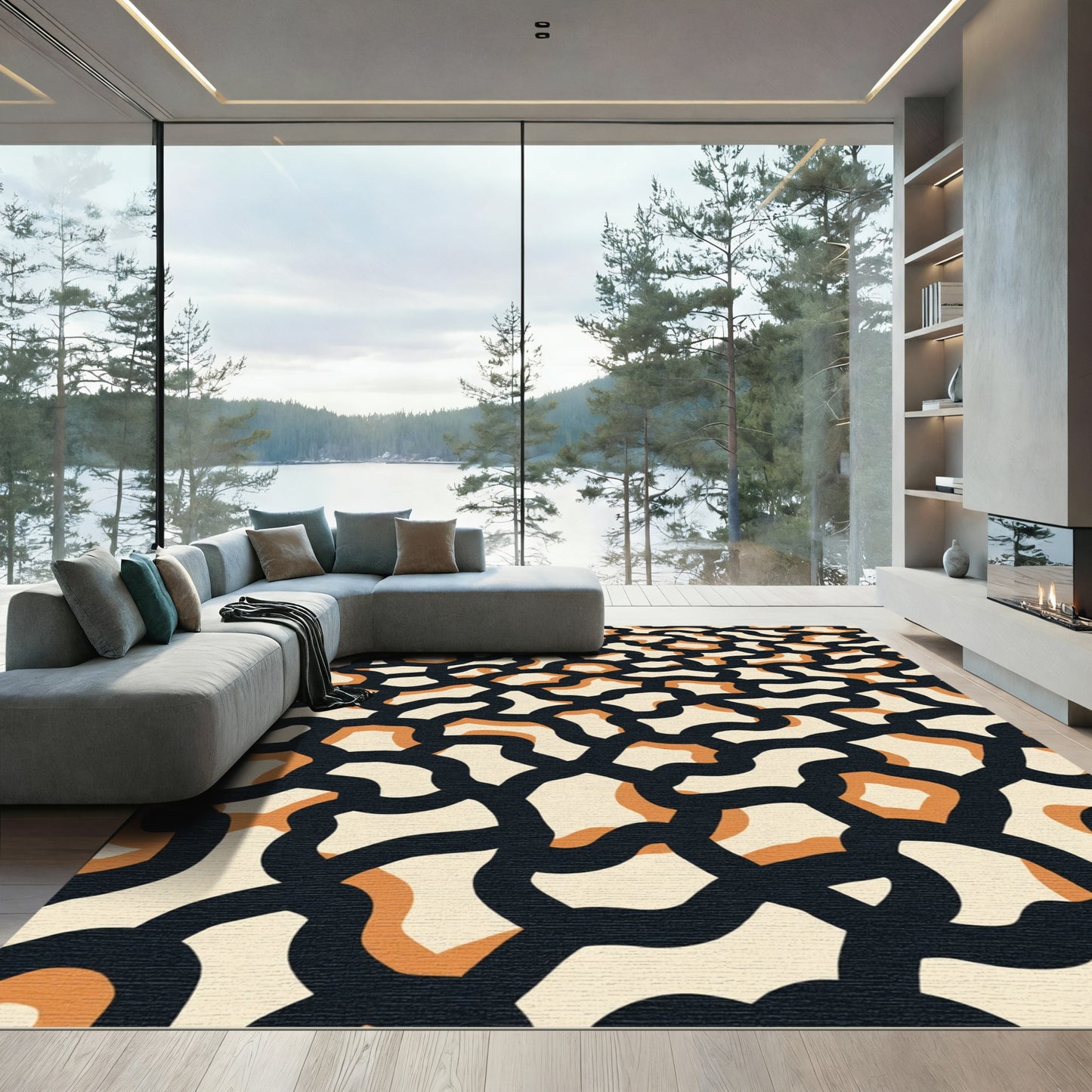 Cream Black Orange Organic Cells Rug