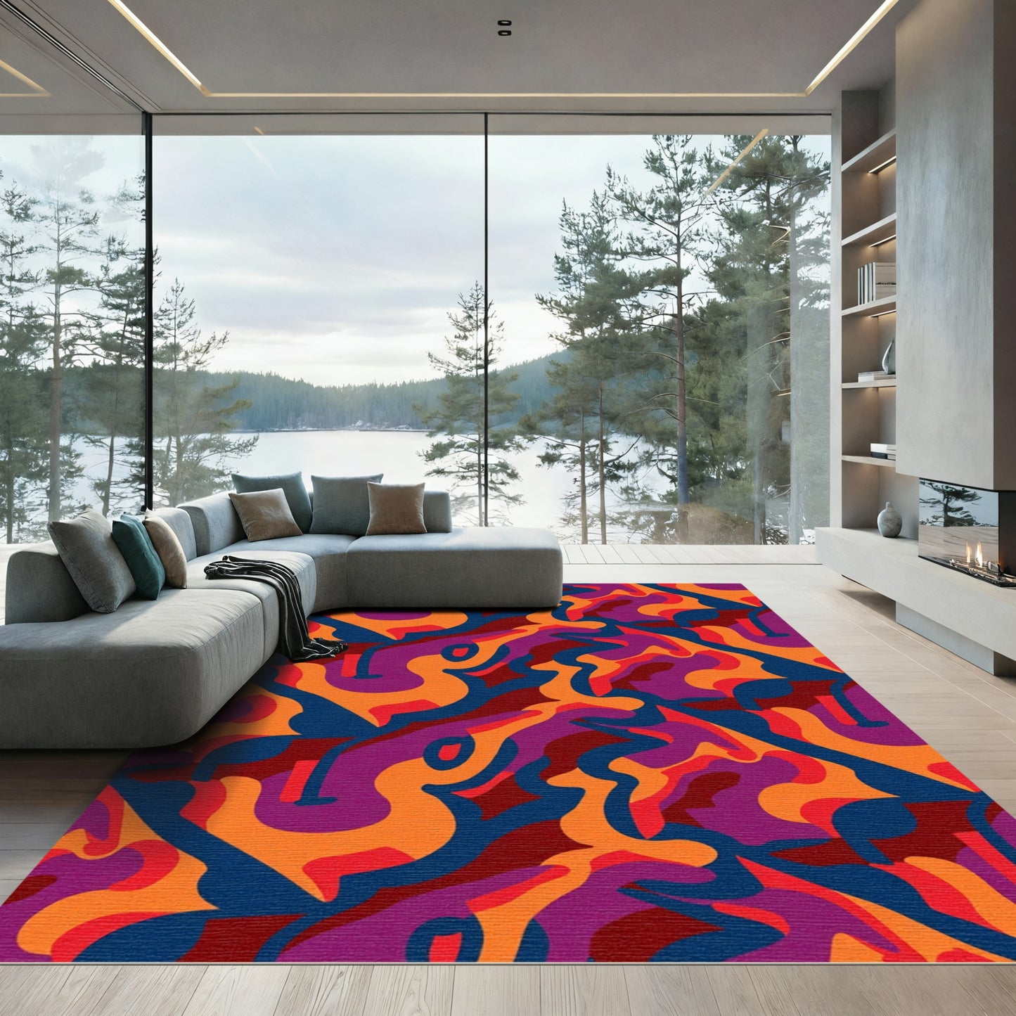 Bold Orange Purple Abstract Flow Rug
