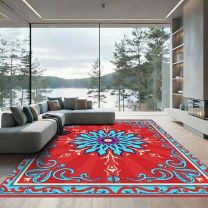 Vibrant Red Blue Floral Mandala Rug