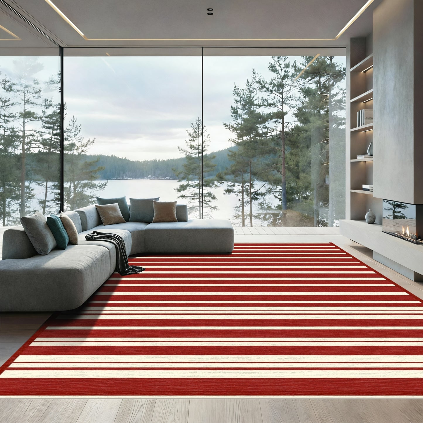 Deep Red Ivory Stripe Statement Rug