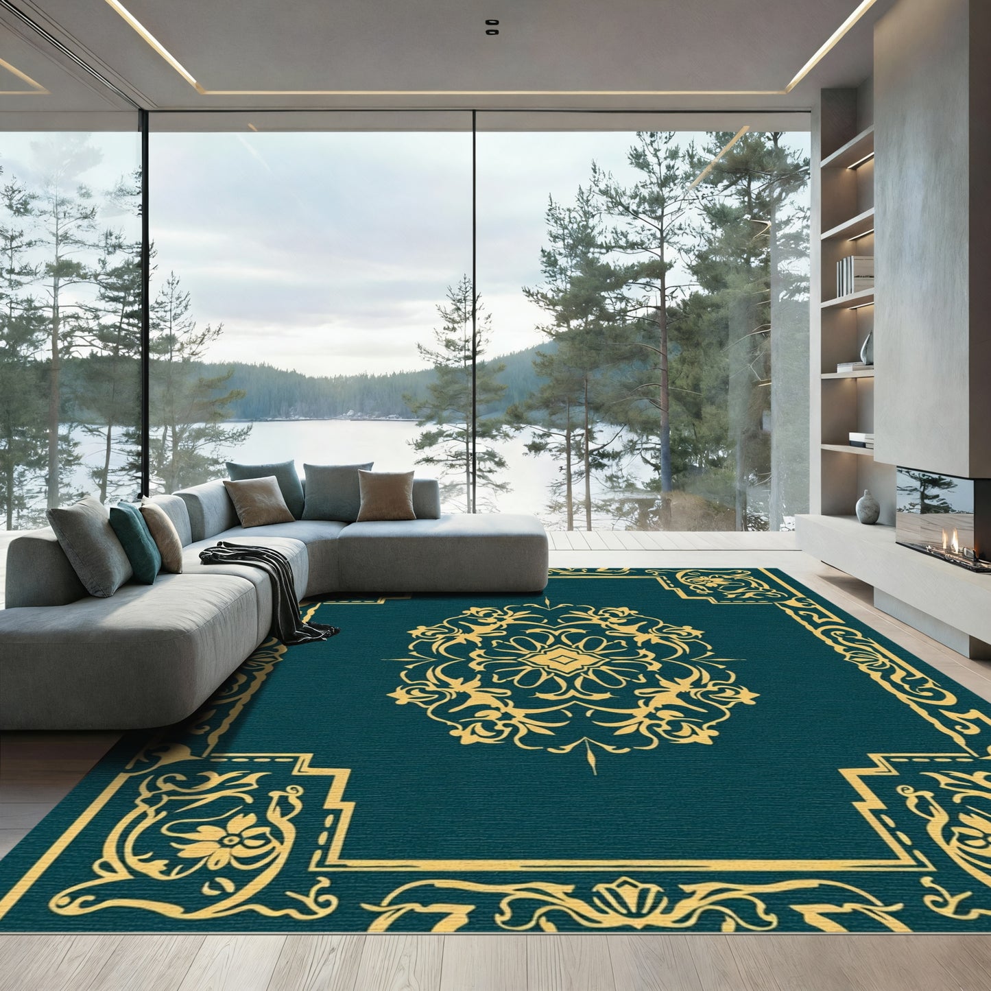 Teal Gold Ornamental Medallion Border Rug