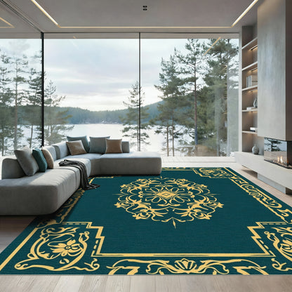 Teal Gold Ornamental Medallion Border Rug