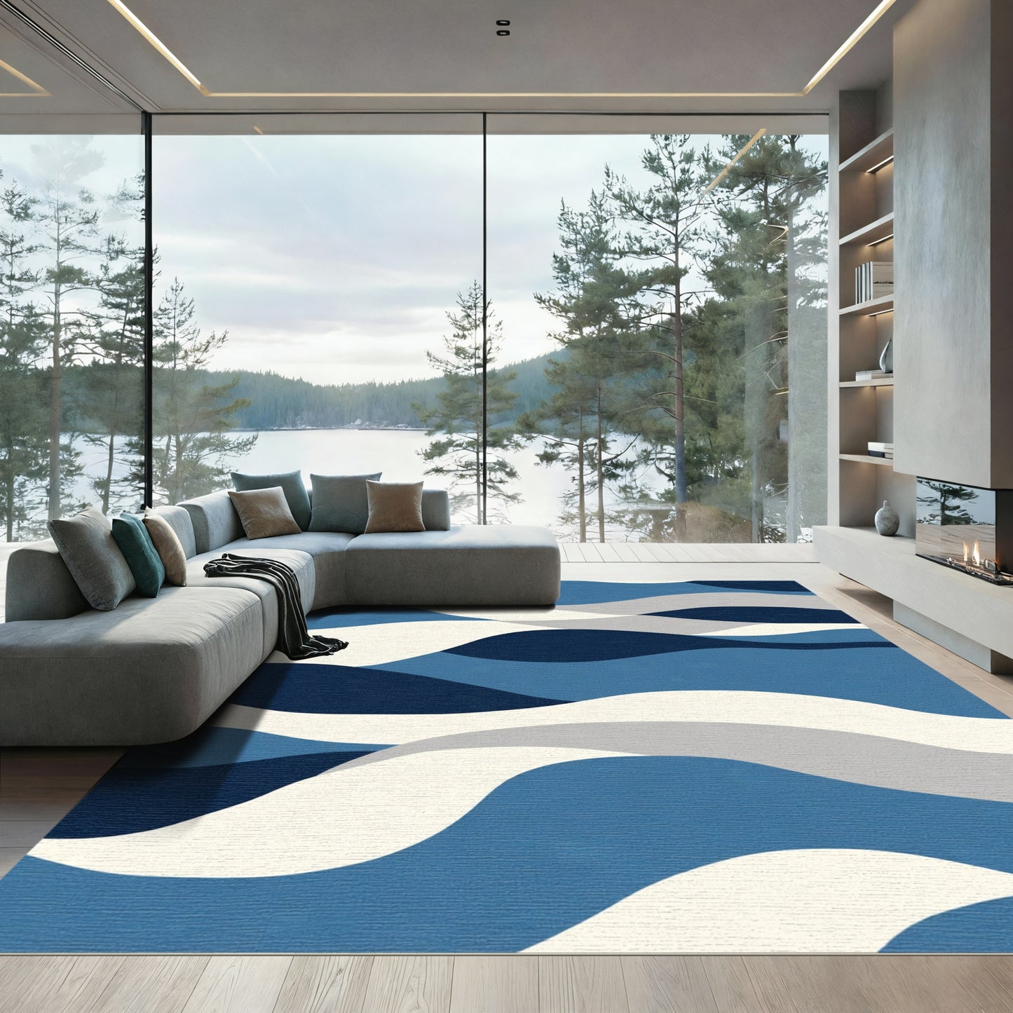 Fluid Blue Swirl Composition Rug