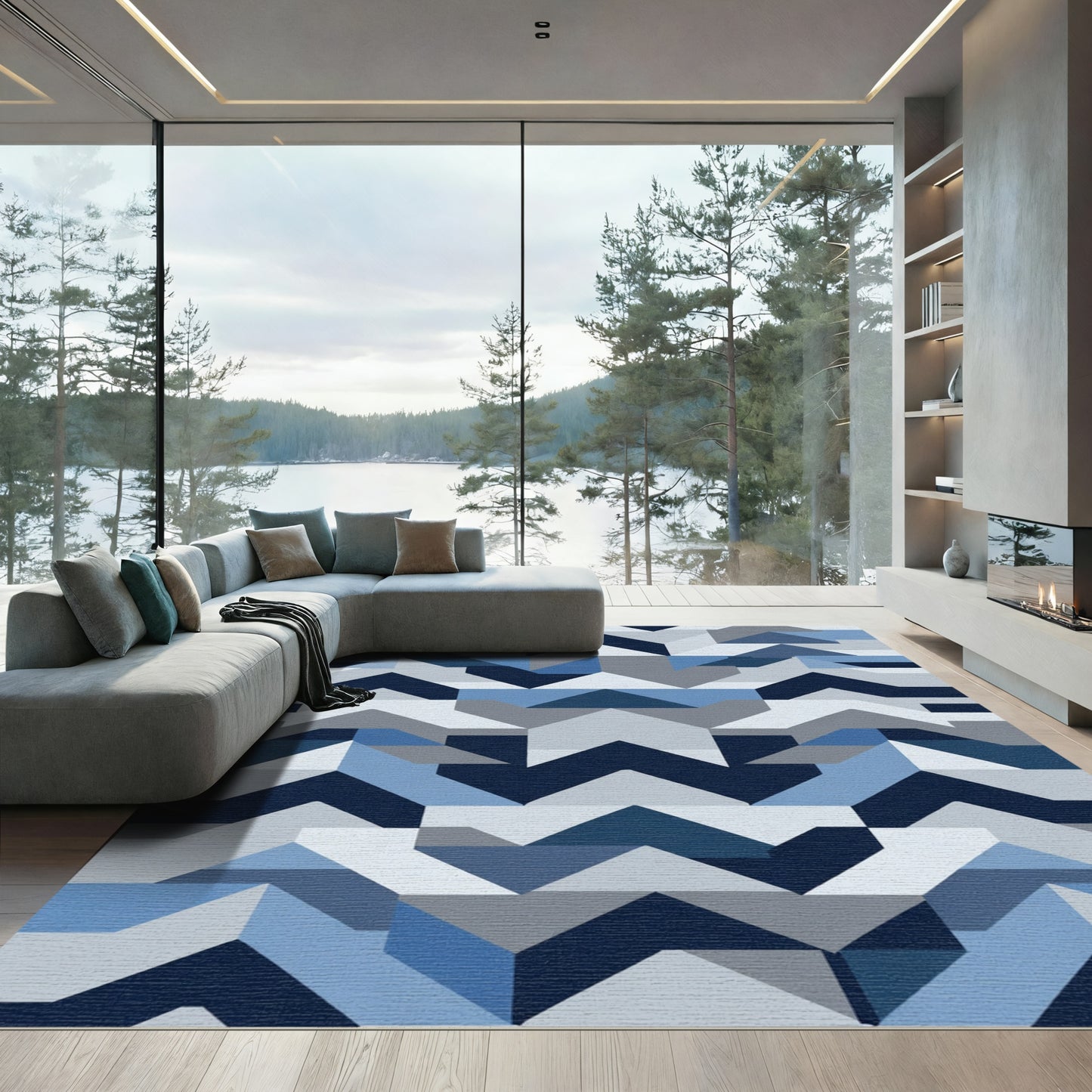 Geometric Blue And Gray Chevron Rug