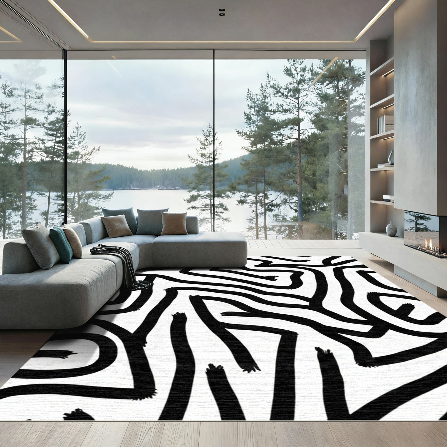 Bold Black White Labyrinth Lines Rug