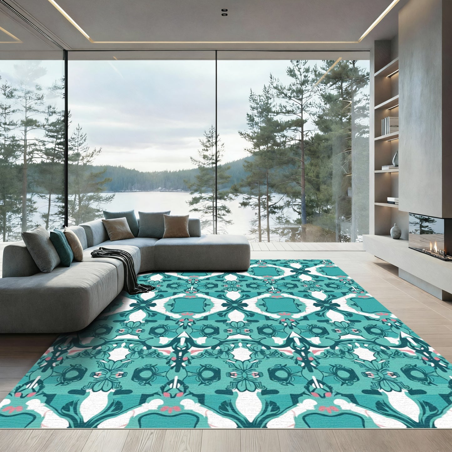 Teal Rococo Floral Lattice Rug