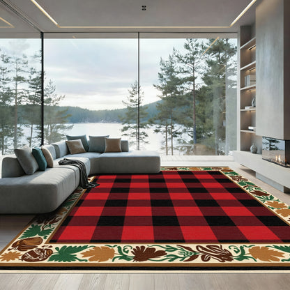 Red Black Plaid Botanical Border Rug