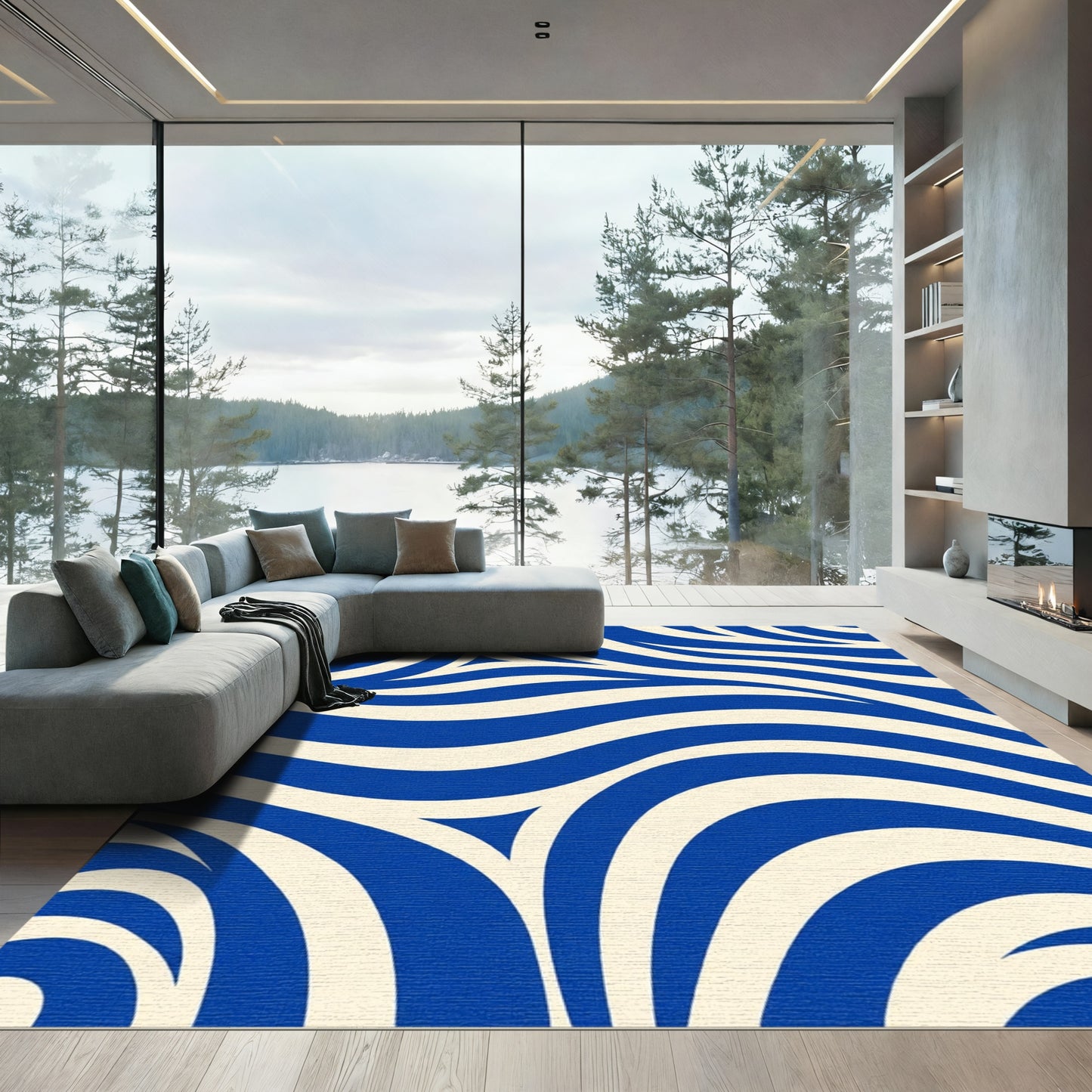 Bold Blue Ivory Swirled Stripes Rug