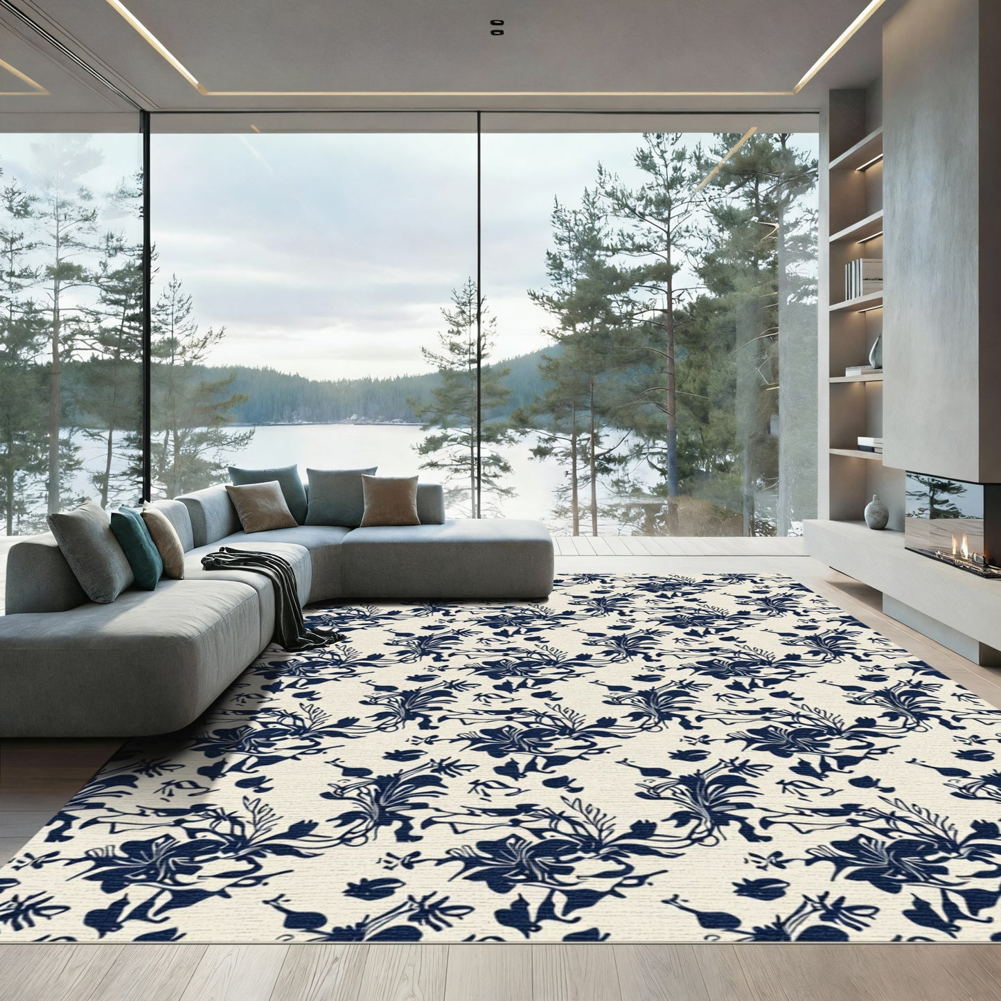 Deep Navy Floral Scrolls Rug