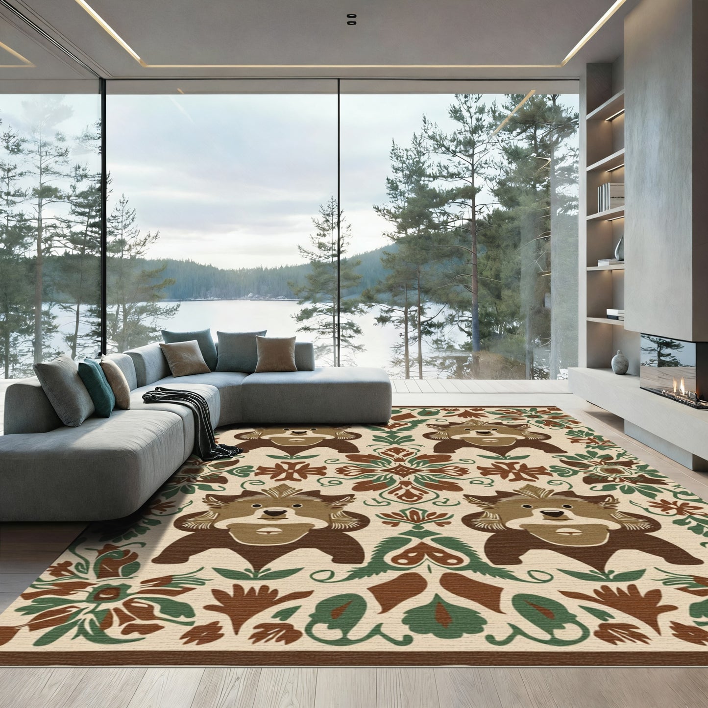 Cozy Brown Bear Folk Art Rug