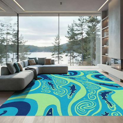 Deep Blue Oceanic Shark Swirls Rug