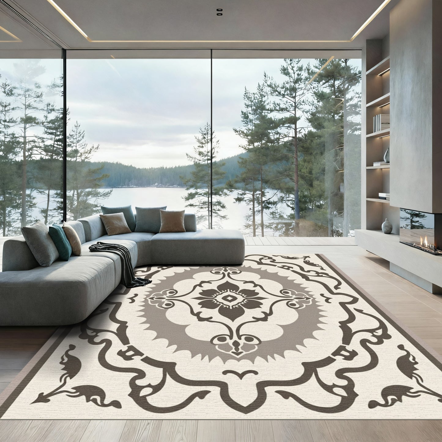 Cream Tan Floral Medallion Arrangement Rug