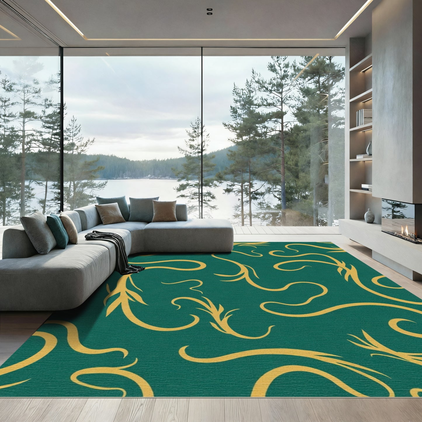 Emerald Teal Golden Swirl Vine Rug