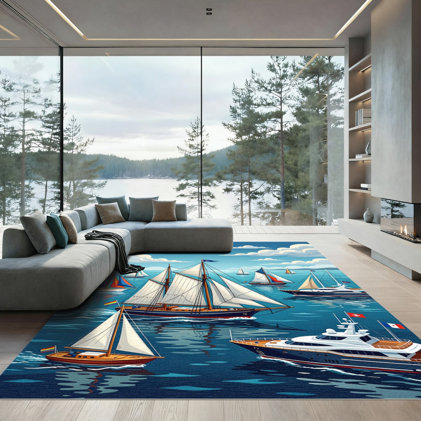 Vibrant Rainbow Sailing Regatta Scene Rug