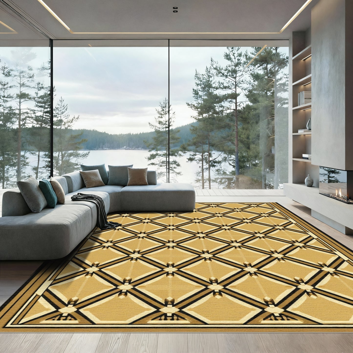 Golden Beige Geometric Lattice Rug