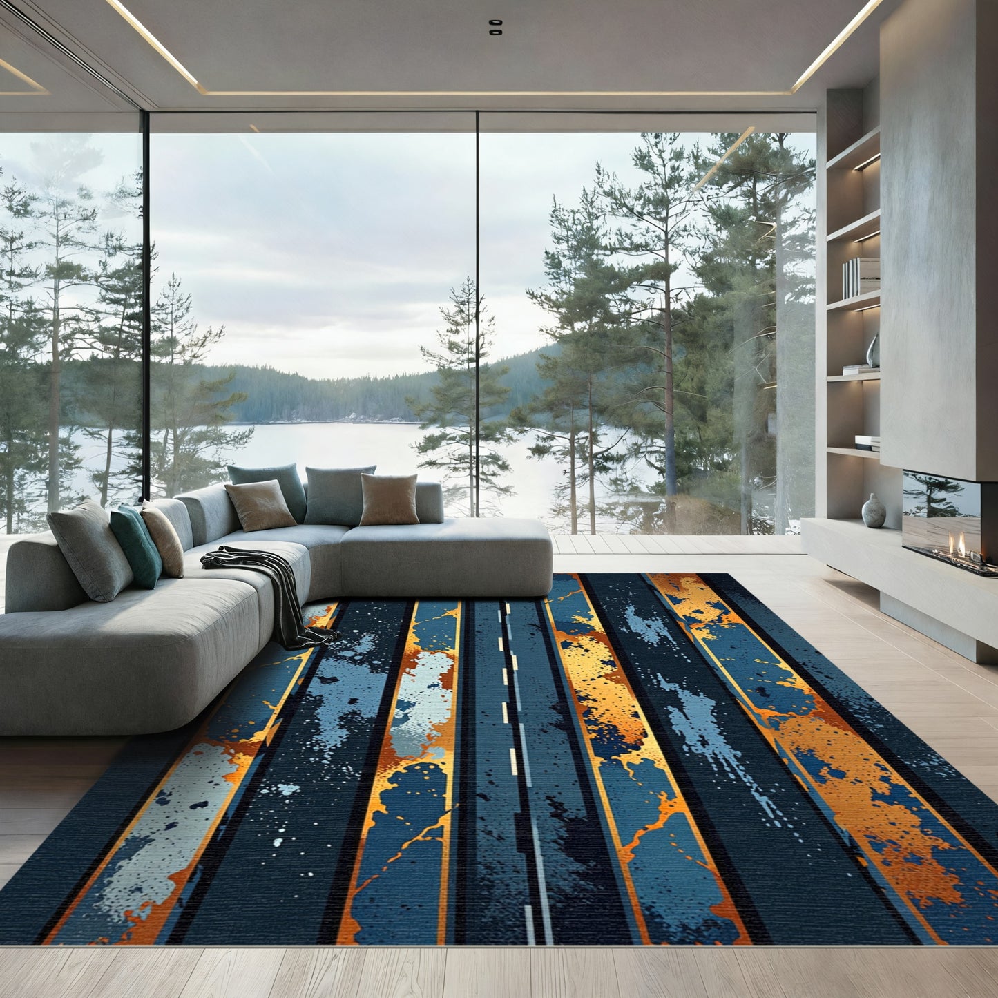 Abstract Splatter Stripe Gold Blue Rug