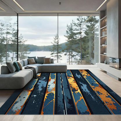 Abstract Splatter Stripe Gold Blue Rug