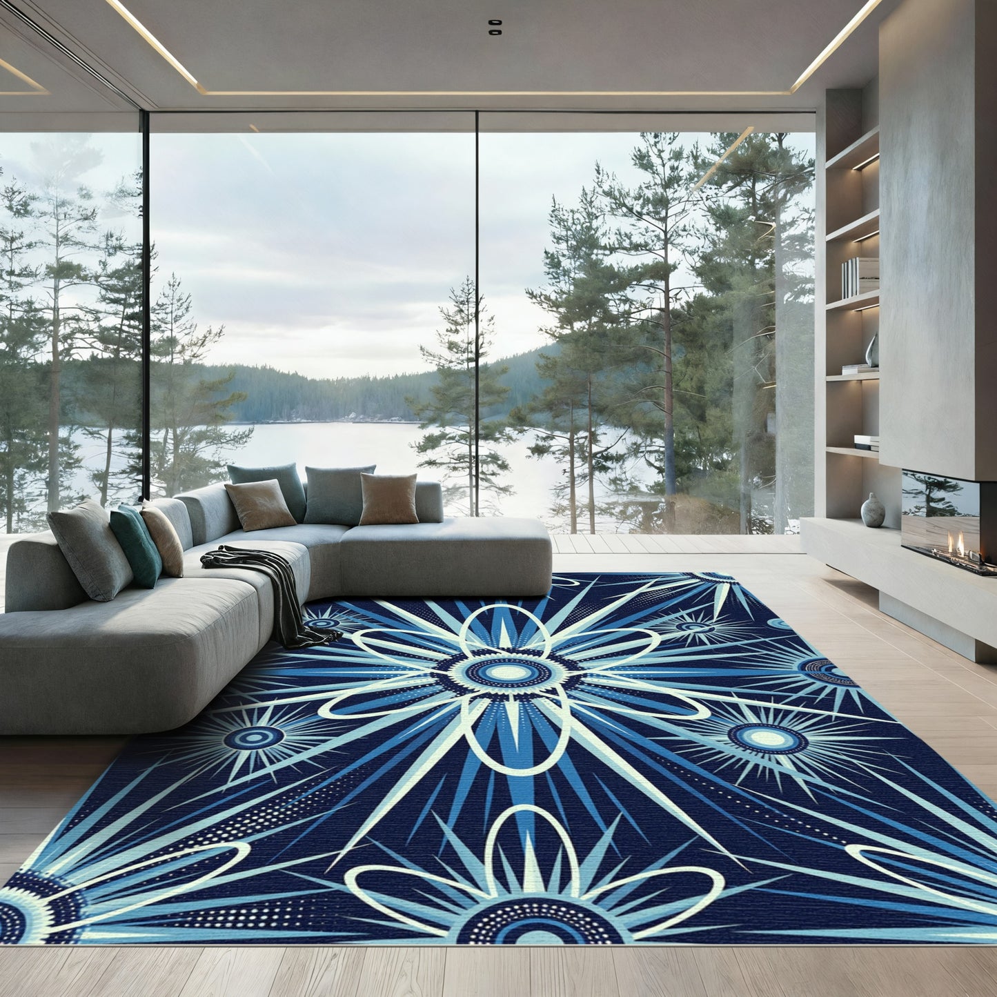 Deep Blue Starburst Floral Rug