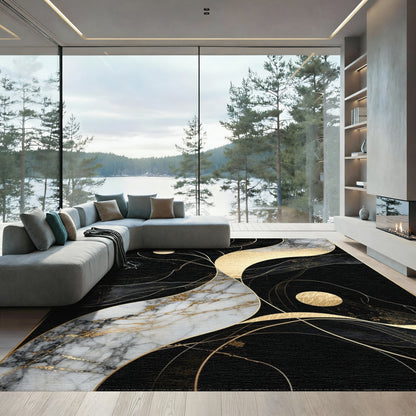 Abstract Black Gold Marble Swirl Rug