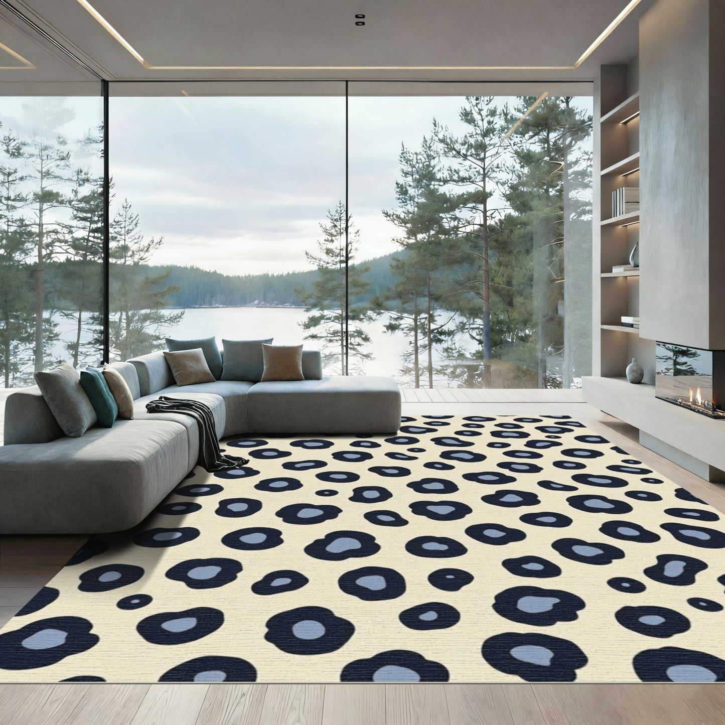 Cream Blue Spotted Animal Hide Rug