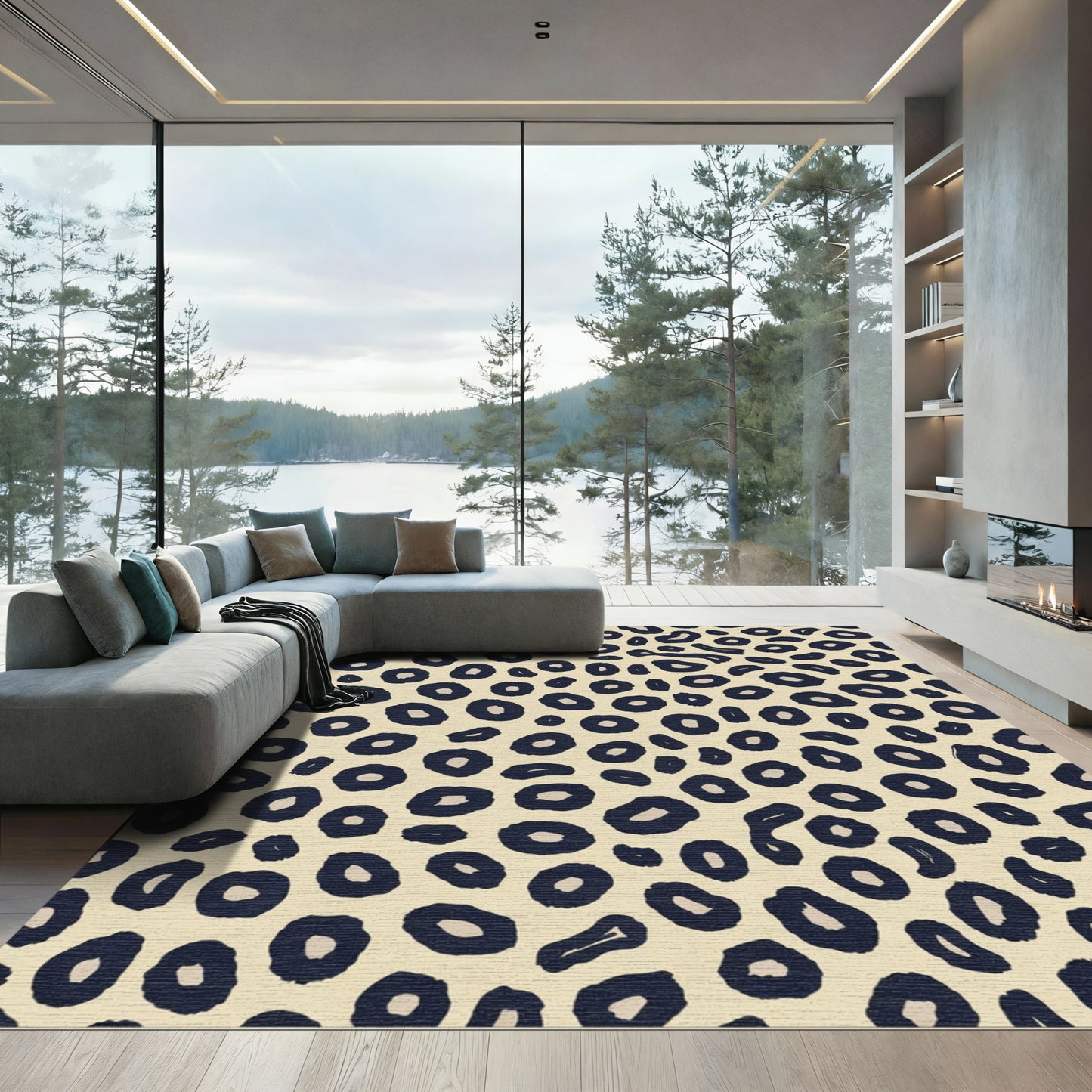 Cream Navy Leopard Spot Rug