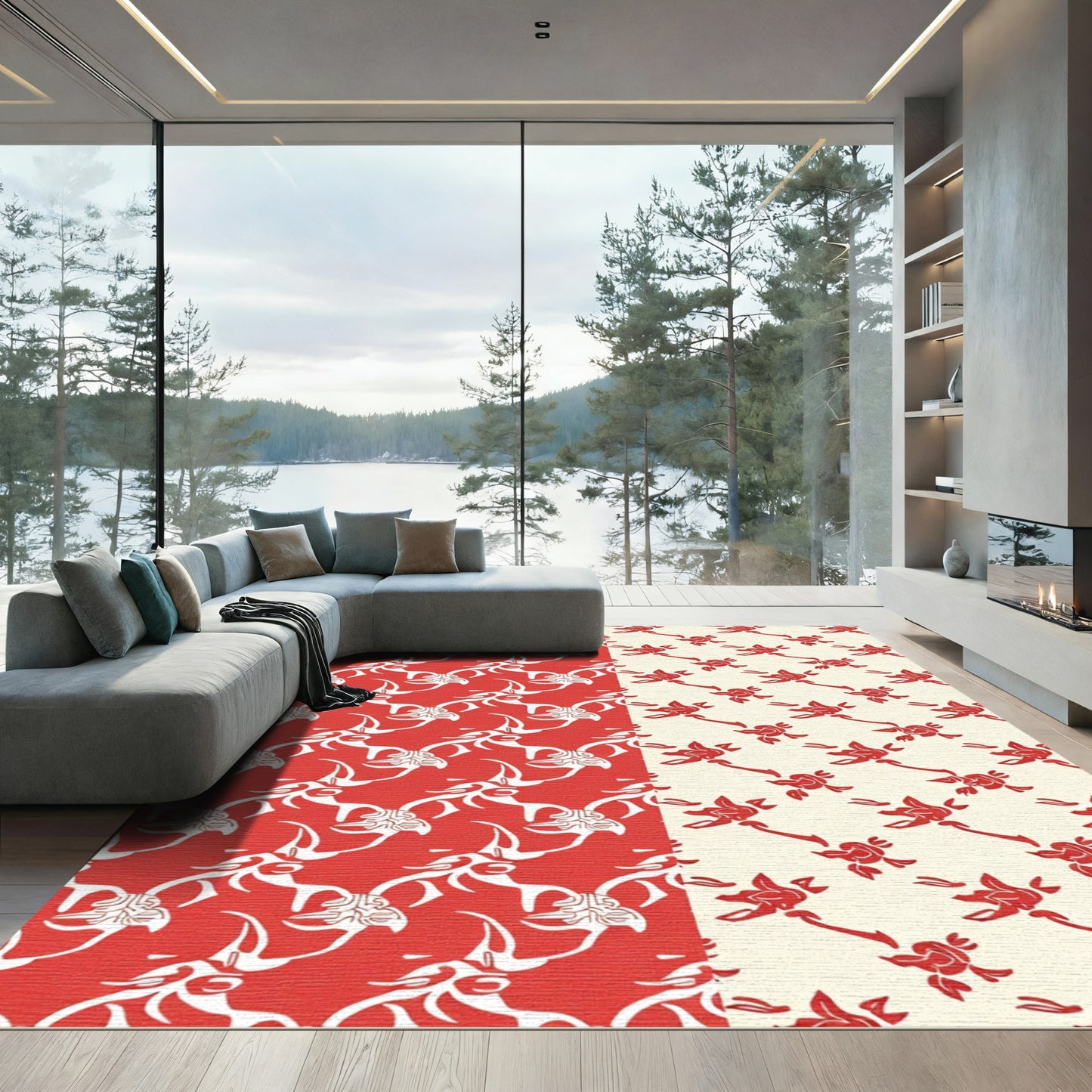 Red and White Stag Floral Rug