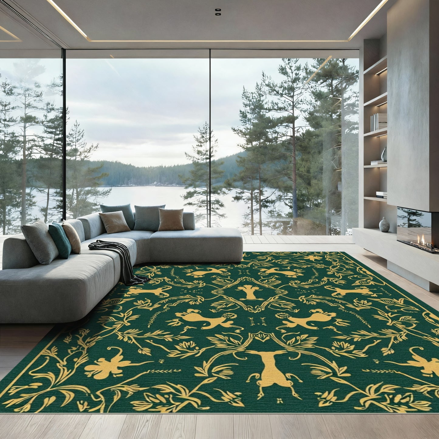 Emerald Gold Art Nouveau Garden Tapestry Rug