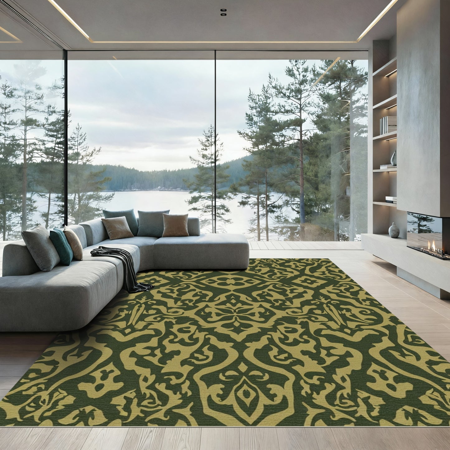Olive Gold Arabesque Damask Rug