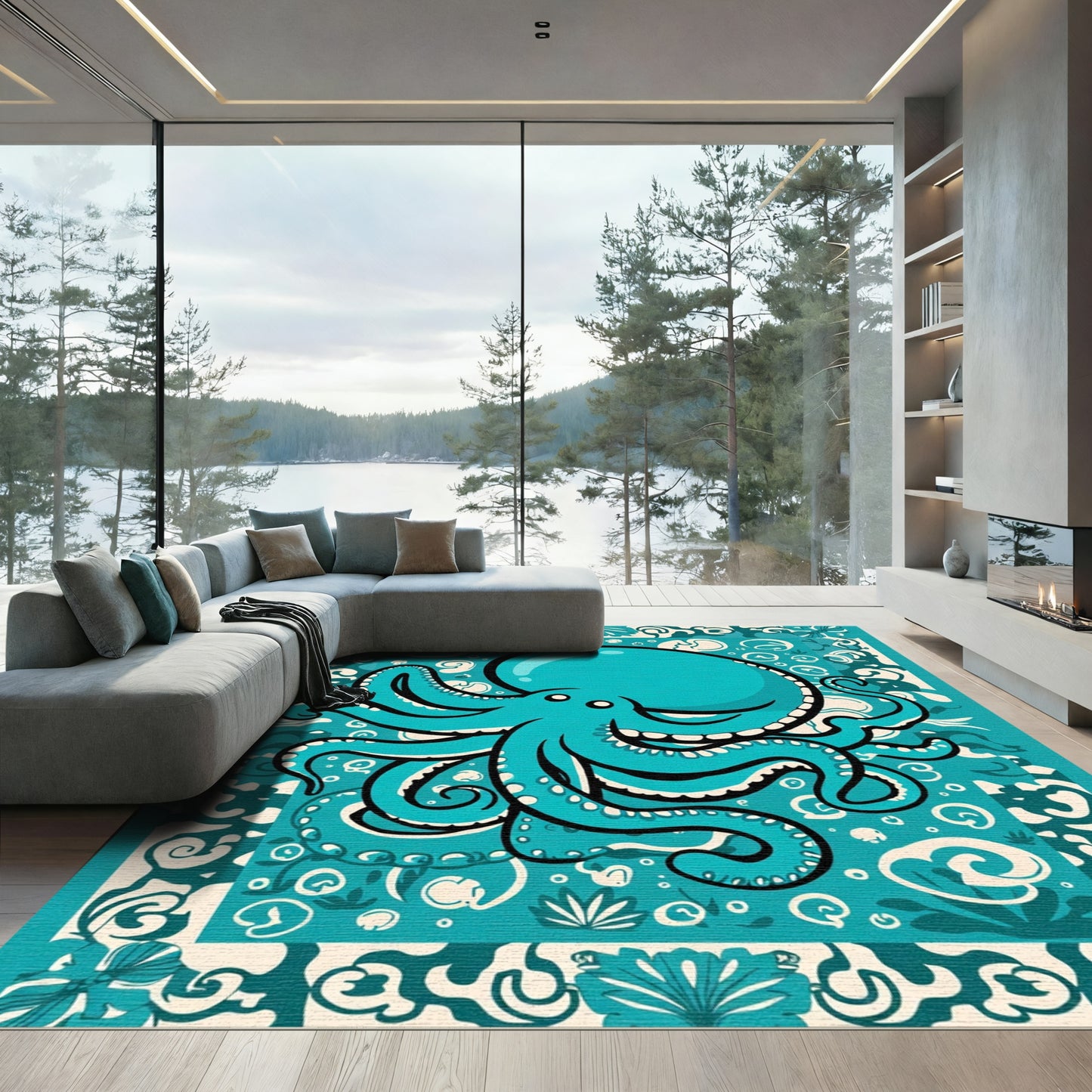Oceanic Teal Octopus With Waves Rug
