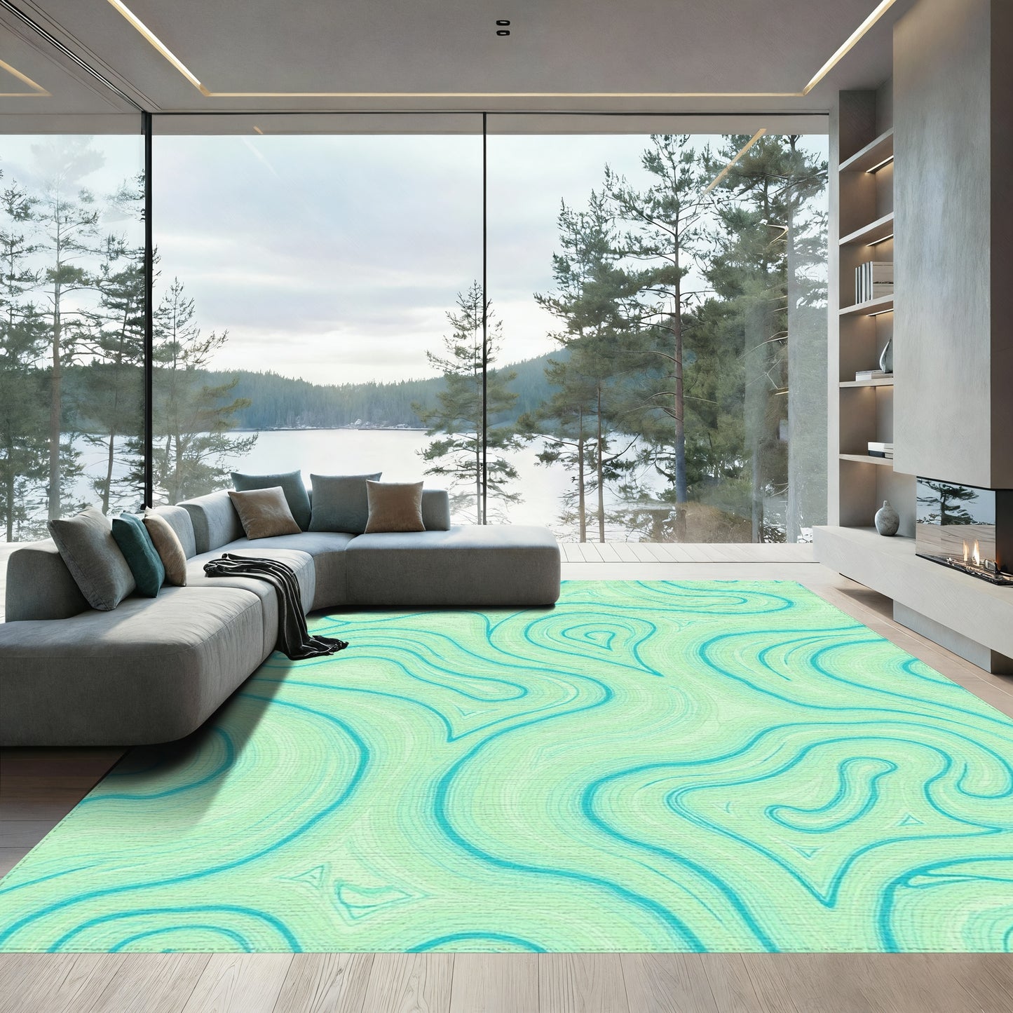 Teal Swirling Fluid Waves Rug