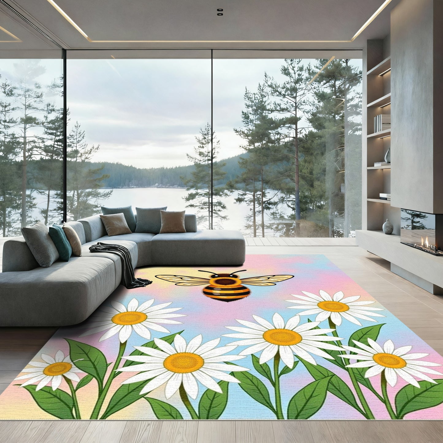 Whimsical Bee Daisy Pastel Sky Rug