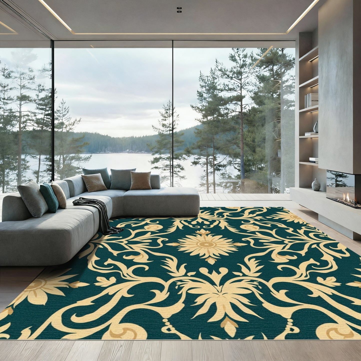 Teal Golden Floral Damask Rug