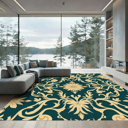 Teal Golden Floral Damask Rug