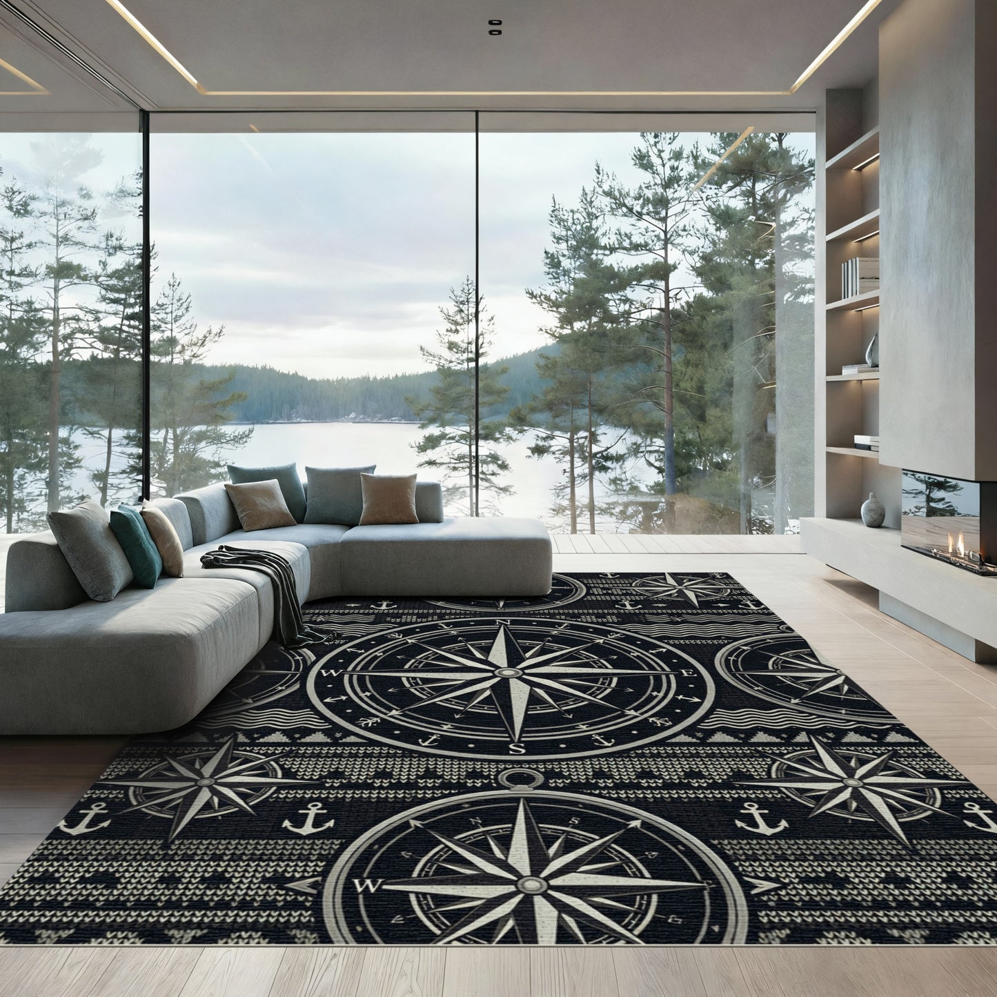 Nautical Compass Anchor Nautical Black Rug