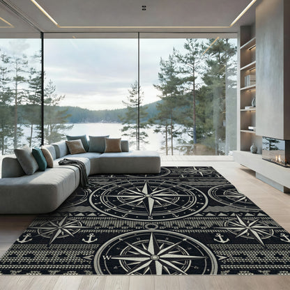 Nautical Compass Anchor Nautical Black Rug