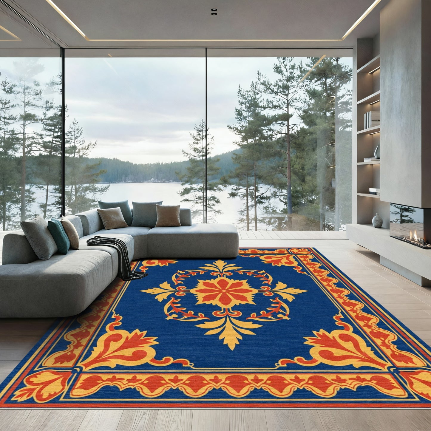 Deep Blue Red Golden Floral Medallion Rug
