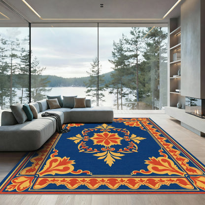 Deep Blue Red Golden Floral Medallion Rug