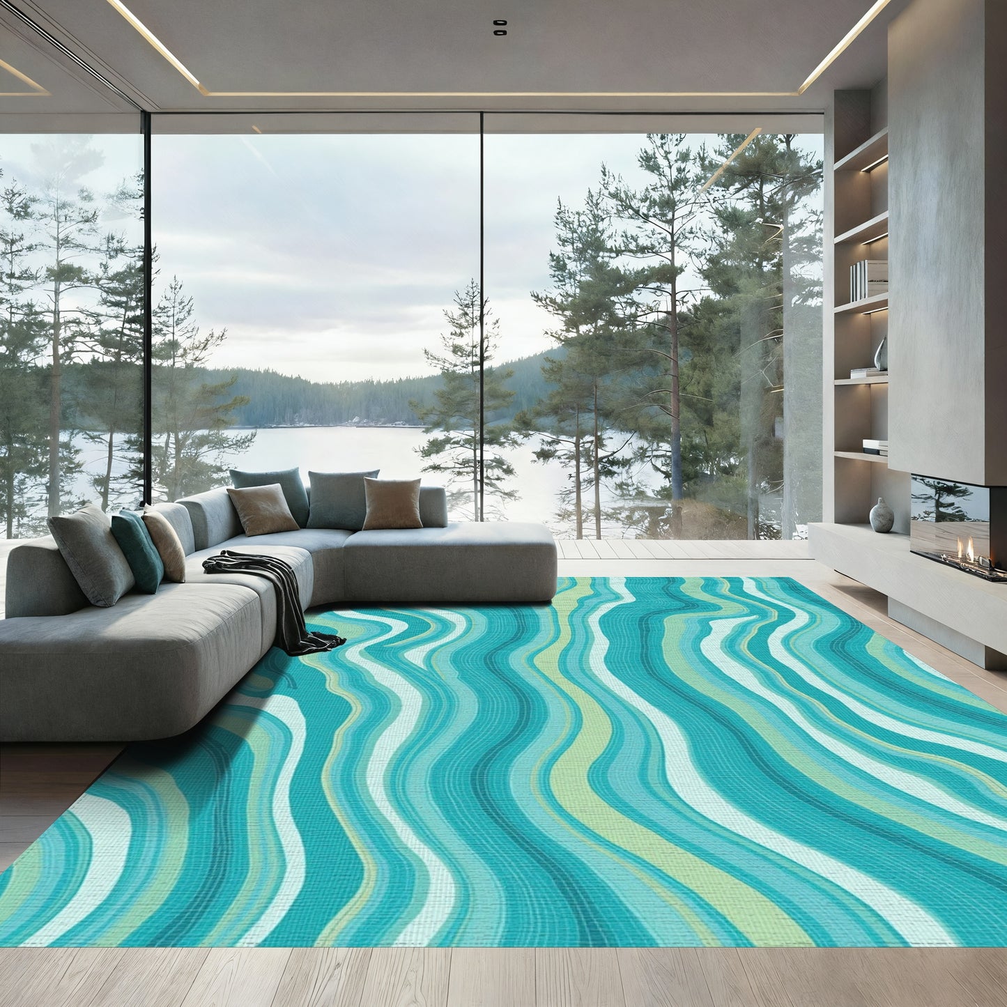 Teal Wavy Fluid Abstract Rug