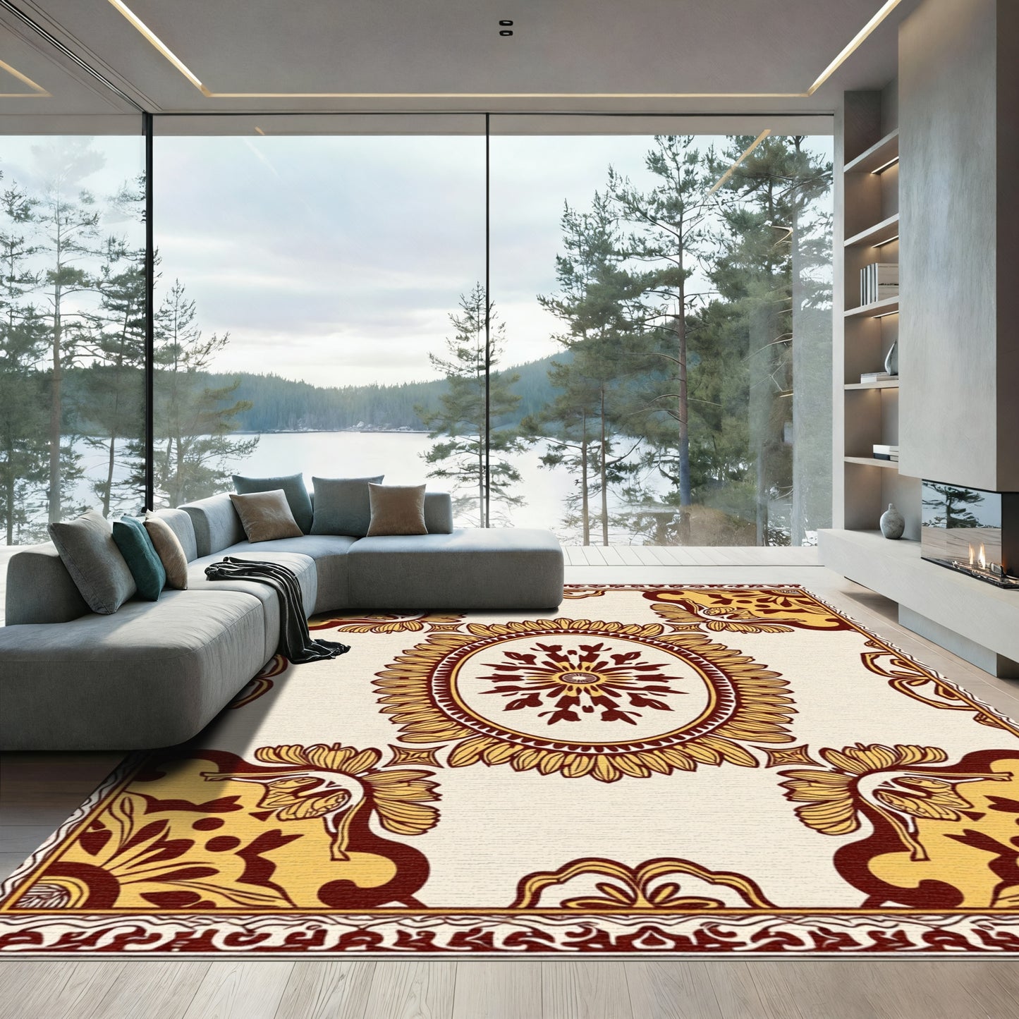 Crimson Geometric Floral Oval Medallion Rug