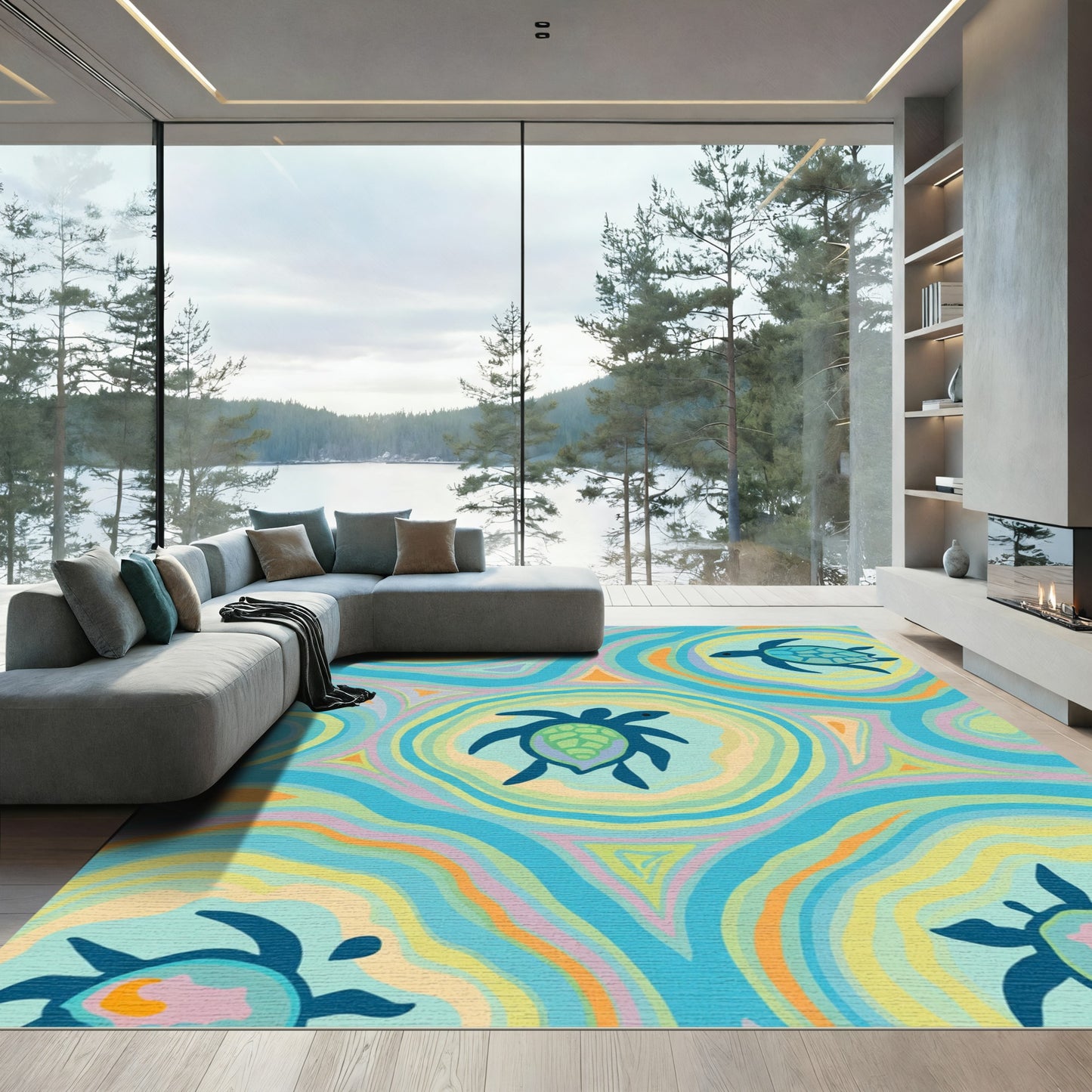 Sea Turtle Swirls Colorful Aquatic Rug