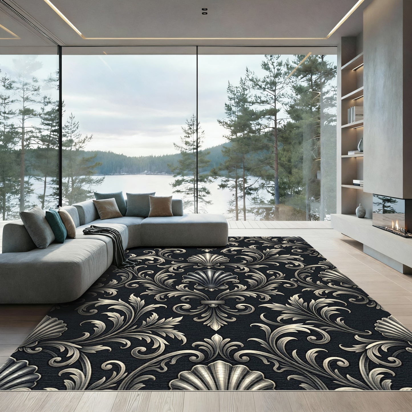 Ornate Black Shell Scroll Rug