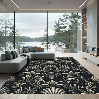 Ornate Black Shell Scroll Rug