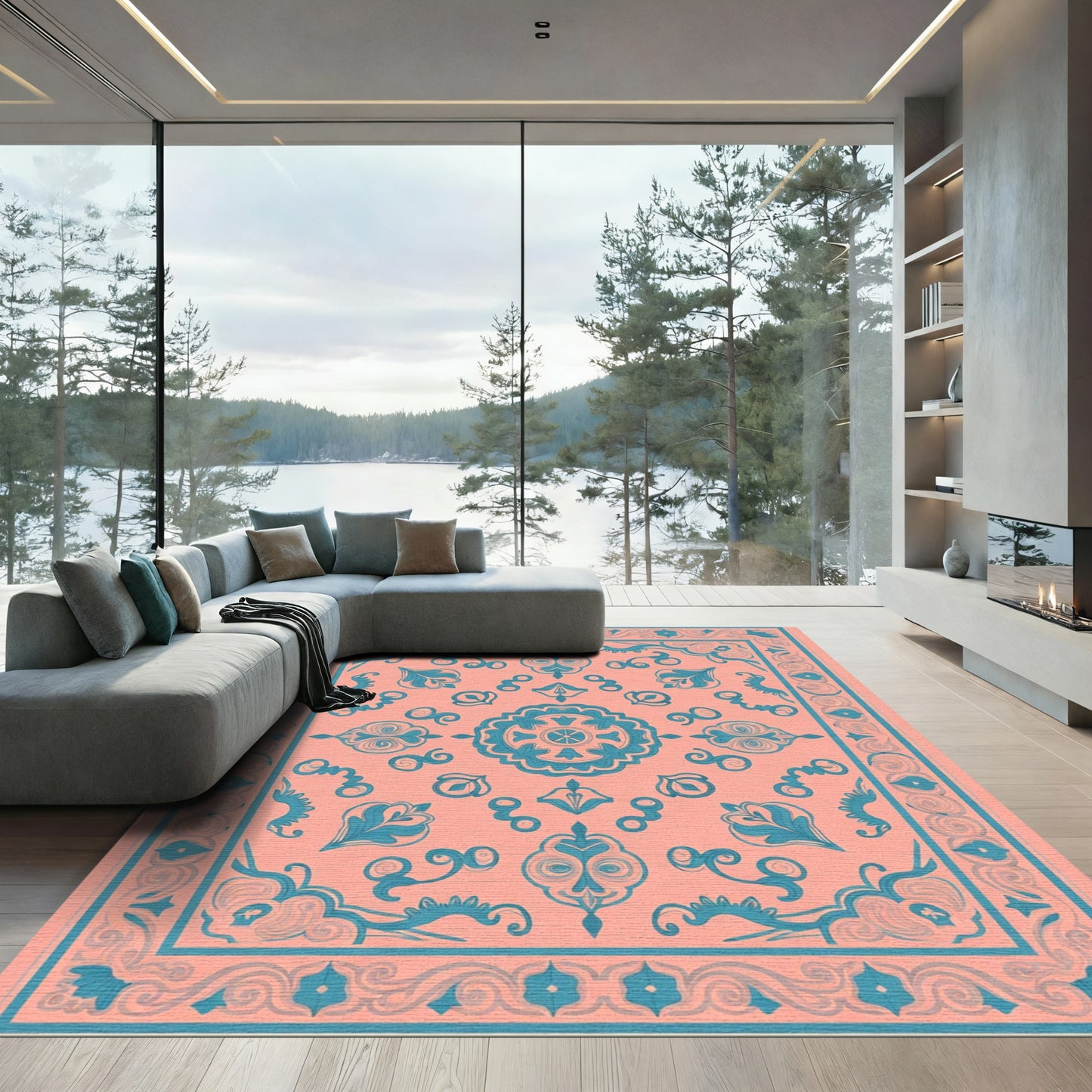 Coral Teal Medallion Floral Bloom Rug