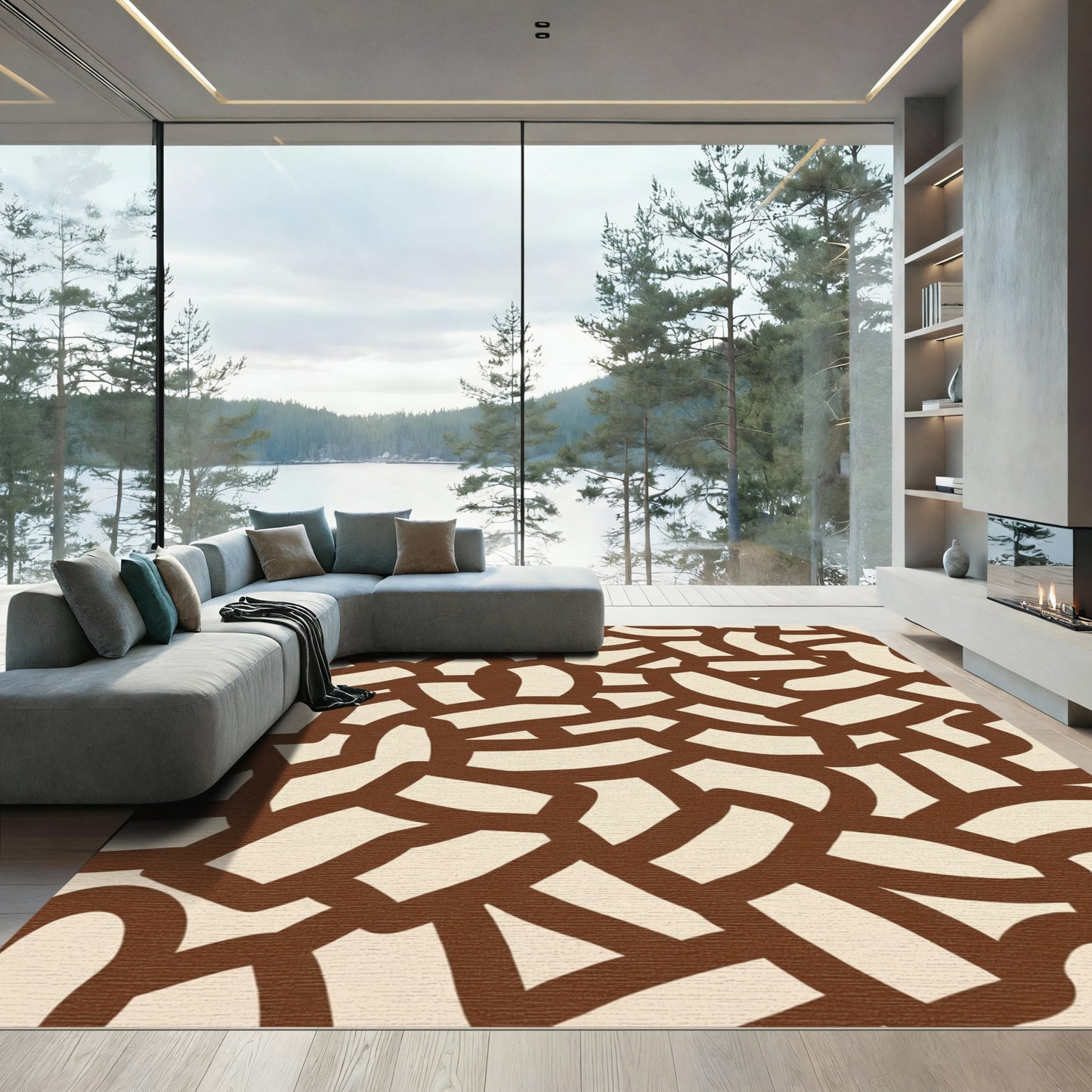 Abstract Brown Organic Curve Rug