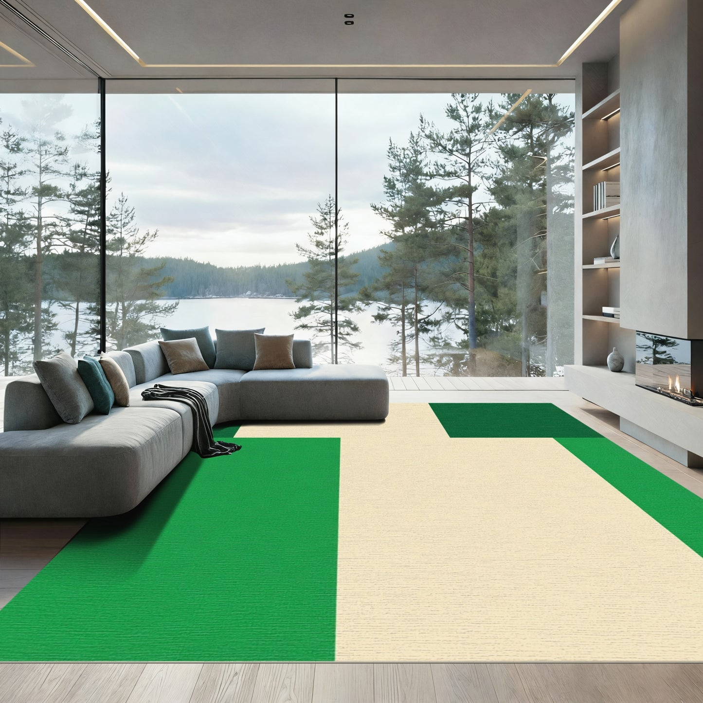 Geometric Cream Green Blocks Rug