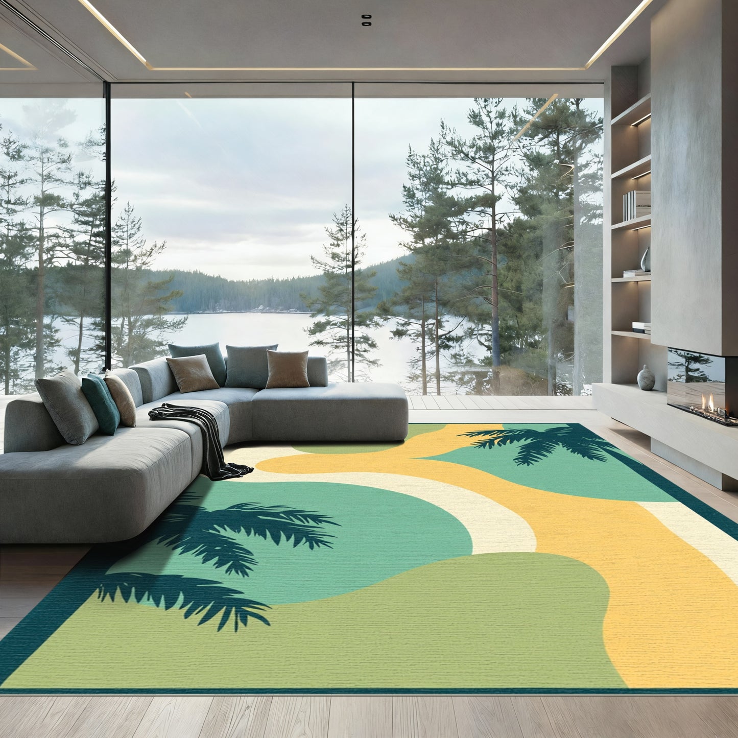 Coastal Palm Abstract Waves Rug