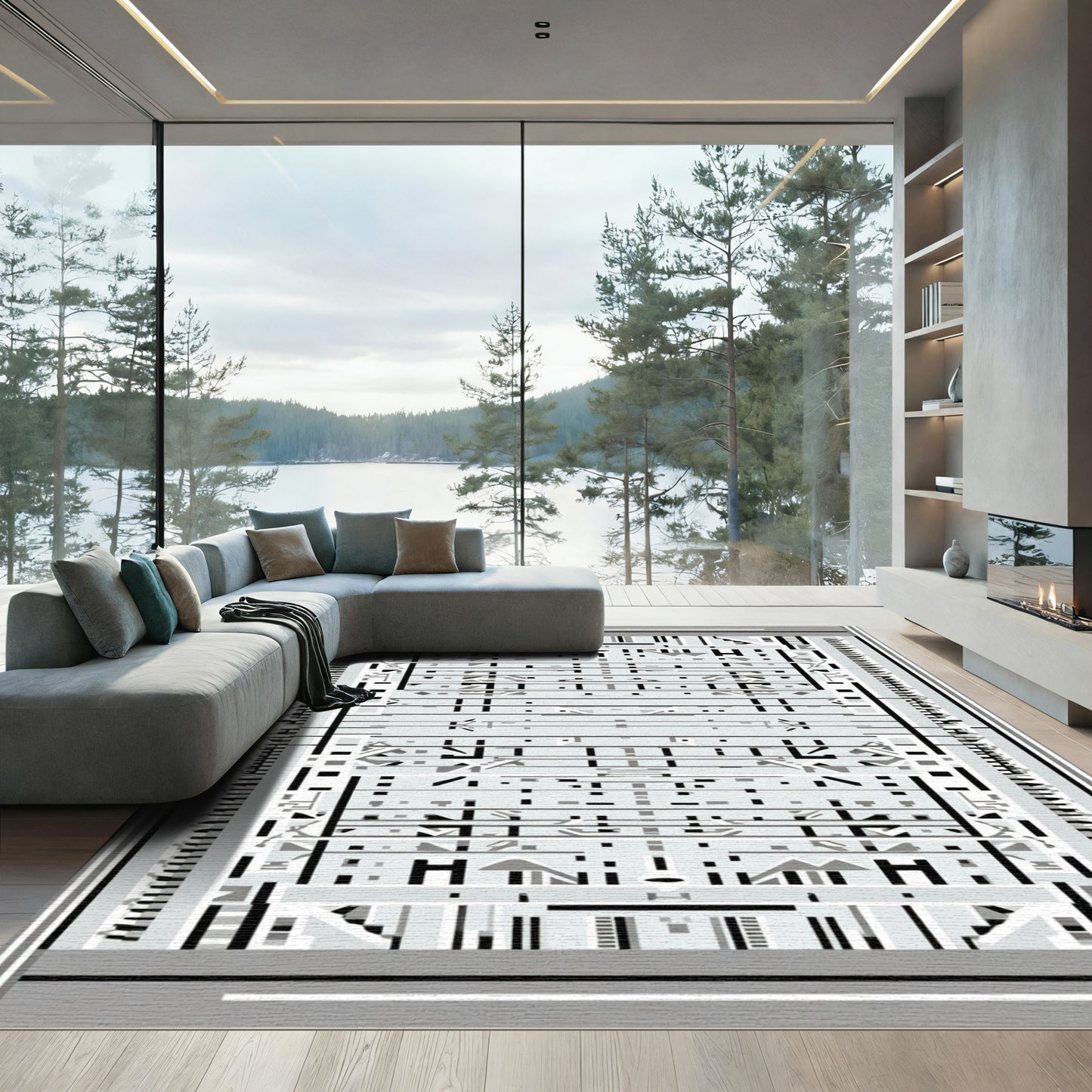 Monochrome Abstract Geometric Reversible Rug