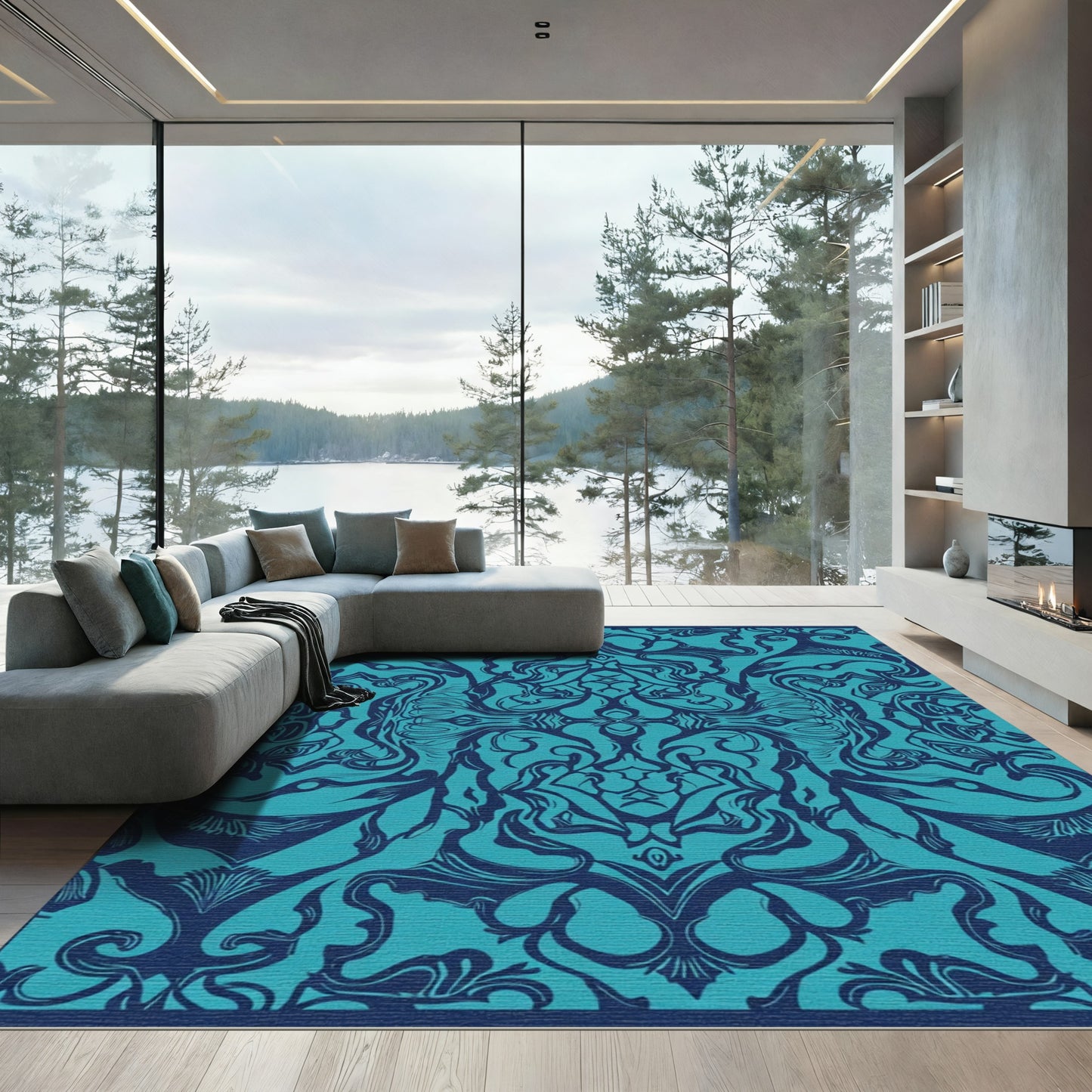 Teal Navy Ornamental Swirl Rug